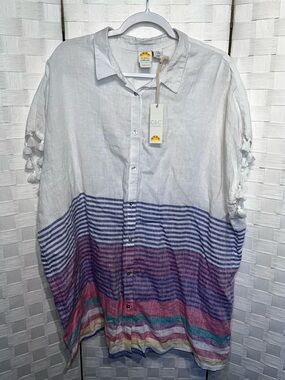 C&C California 1X Linen Boho Beach Pom Pom Striped Short Sleeve Shirt